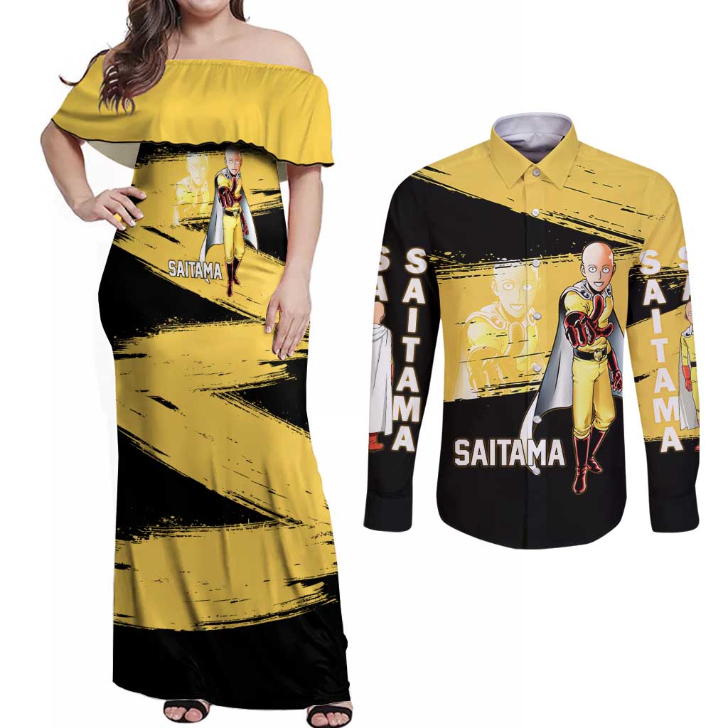 Saitama One Punch Man Anime Yellow and Black Theme Couples Matching Off Shoulder Maxi Dress and Long Sleeve Button Shirt with Heroic Pose and Dynamic Brushstroke Background - The Mazicc