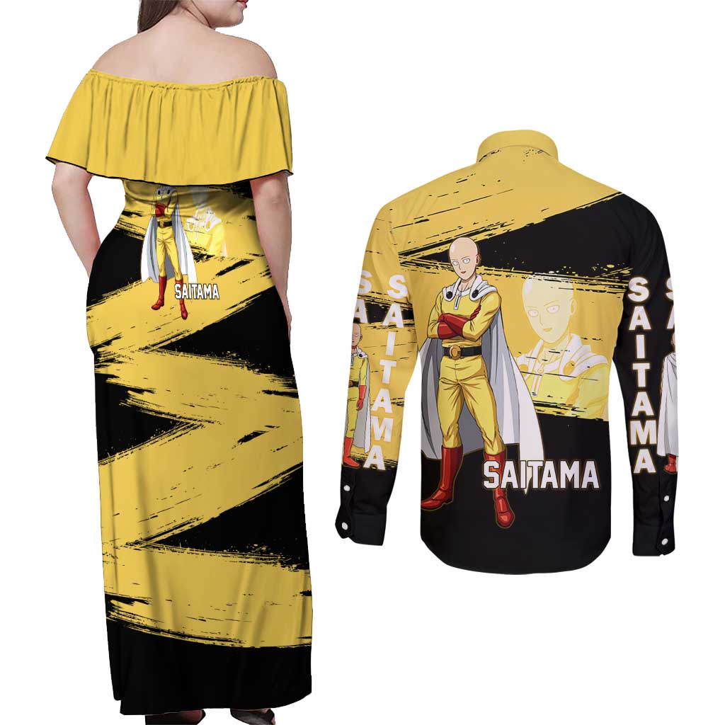 Saitama One Punch Man Anime Yellow and Black Theme Couples Matching Off Shoulder Maxi Dress and Long Sleeve Button Shirt with Heroic Pose and Dynamic Brushstroke Background - The Mazicc