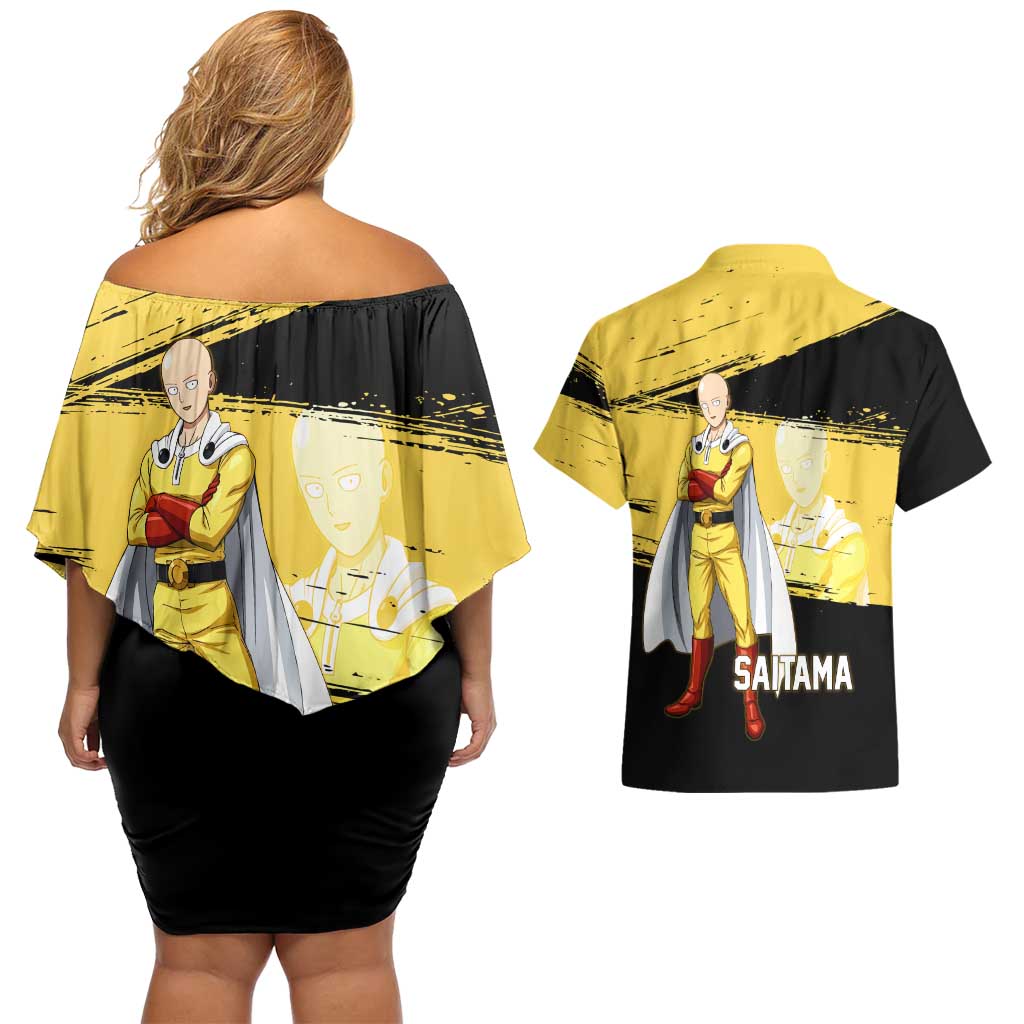 Saitama One Punch Man Anime Yellow and Black Theme Couples Matching Off Shoulder Short Dress and Hawaiian Shirt with Heroic Pose and Dynamic Brushstroke Background - The Mazicc