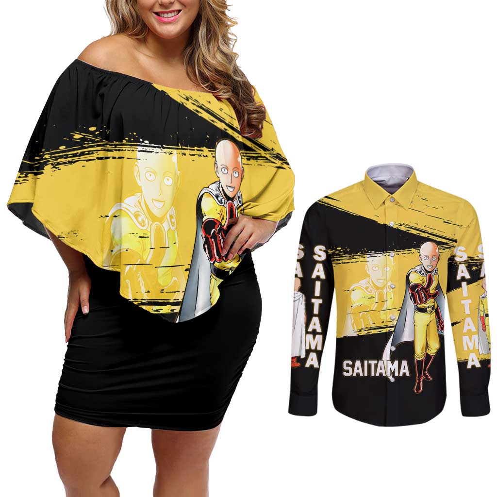 Saitama One Punch Man Anime Yellow and Black Theme Couples Matching Off Shoulder Short Dress and Long Sleeve Button Shirt with Heroic Pose and Dynamic Brushstroke Background - The Mazicc