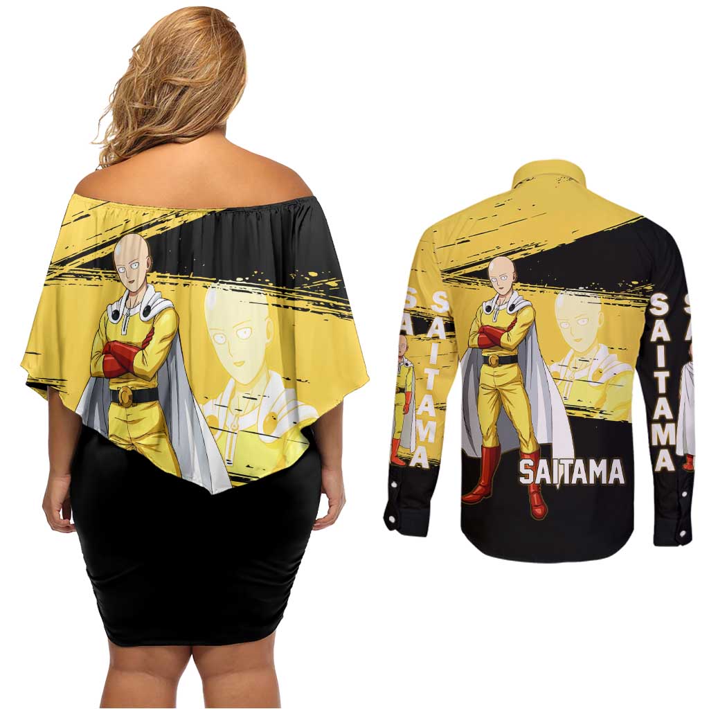 Saitama One Punch Man Anime Yellow and Black Theme Couples Matching Off Shoulder Short Dress and Long Sleeve Button Shirt with Heroic Pose and Dynamic Brushstroke Background - The Mazicc