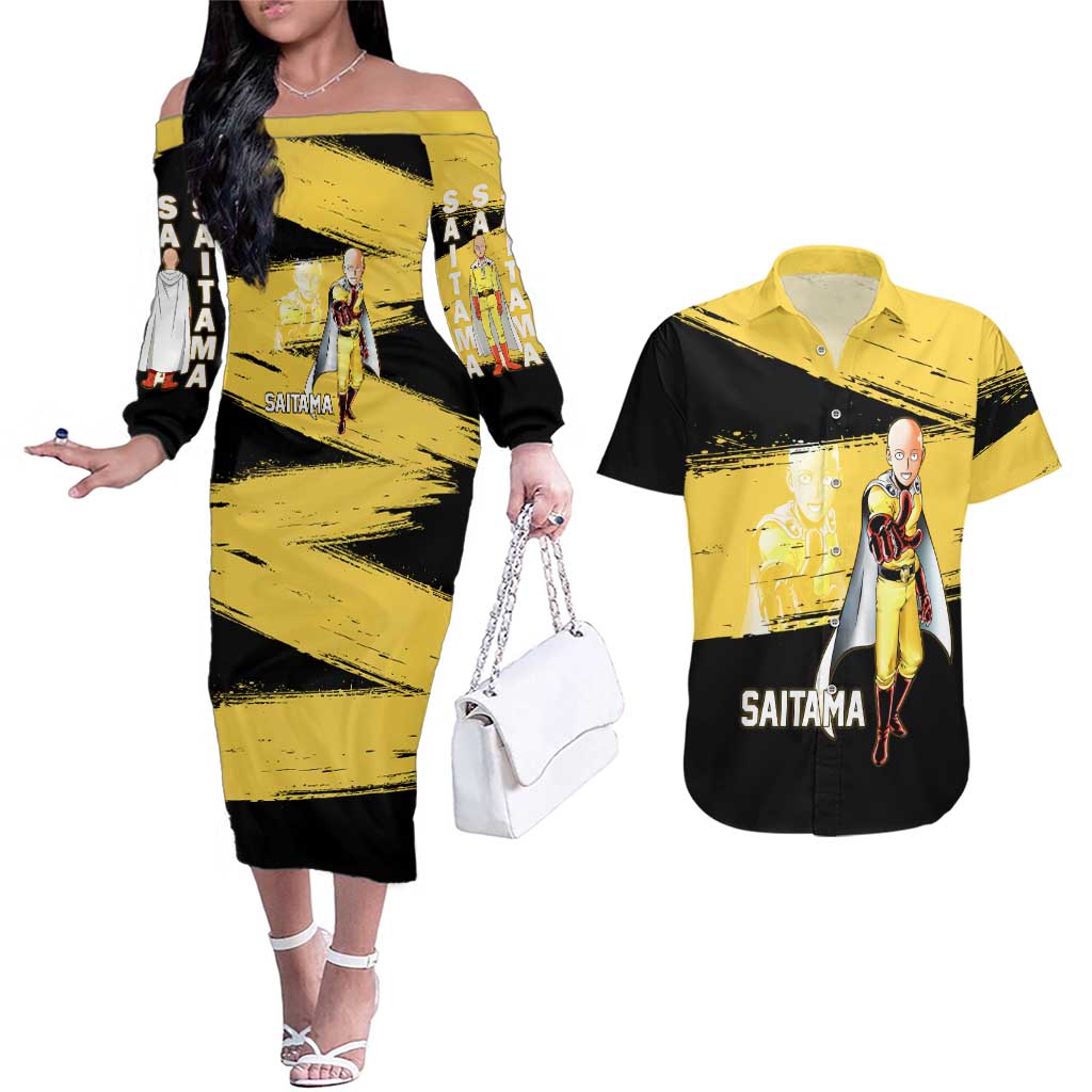 Saitama One Punch Man Anime Yellow and Black Theme Couples Matching Off The Shoulder Long Sleeve Dress and Hawaiian Shirt with Heroic Pose and Dynamic Brushstroke Background - The Mazicc