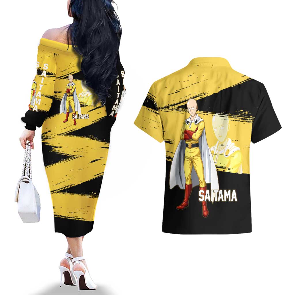 Saitama One Punch Man Anime Yellow and Black Theme Couples Matching Off The Shoulder Long Sleeve Dress and Hawaiian Shirt with Heroic Pose and Dynamic Brushstroke Background - The Mazicc