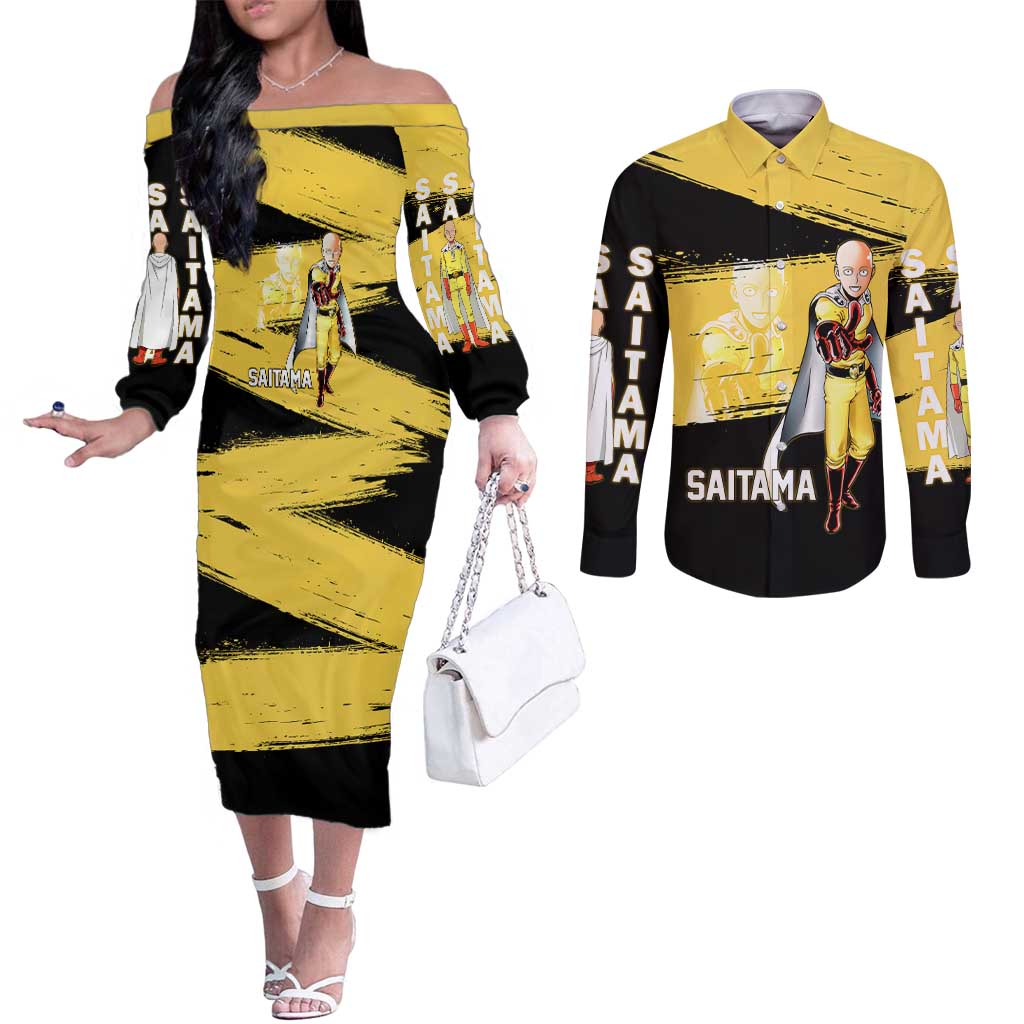 Saitama One Punch Man Anime Yellow and Black Theme Couples Matching Off The Shoulder Long Sleeve Dress and Long Sleeve Button Shirt with Heroic Pose and Dynamic Brushstroke Background - The Mazicc