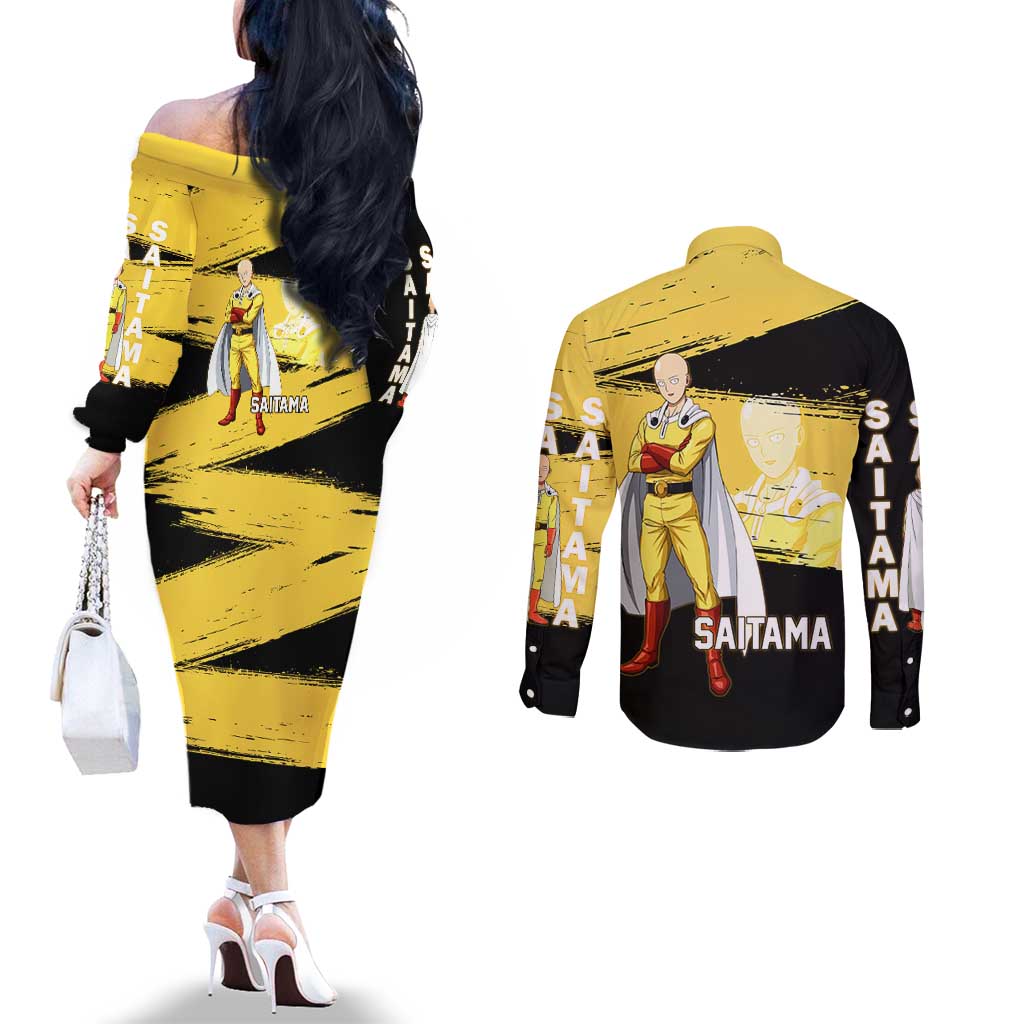 Saitama One Punch Man Anime Yellow and Black Theme Couples Matching Off The Shoulder Long Sleeve Dress and Long Sleeve Button Shirt with Heroic Pose and Dynamic Brushstroke Background - The Mazicc