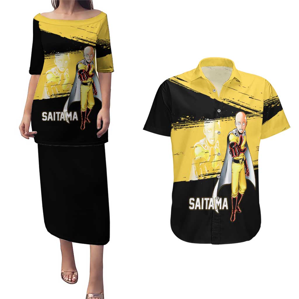 Saitama One Punch Man Anime Yellow and Black Theme Couples Matching Puletasi and Hawaiian Shirt with Heroic Pose and Dynamic Brushstroke Background - The Mazicc