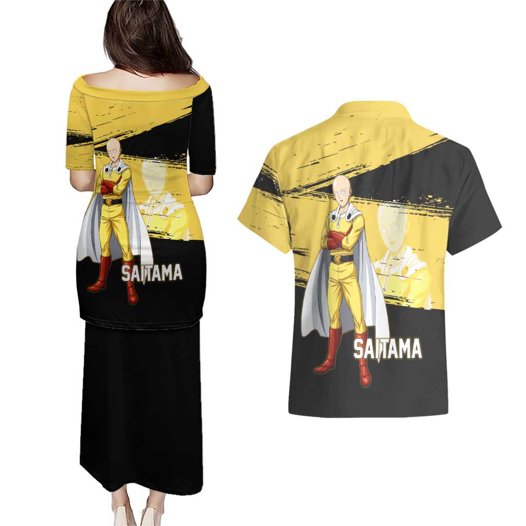 Saitama One Punch Man Anime Yellow and Black Theme Couples Matching Puletasi and Hawaiian Shirt with Heroic Pose and Dynamic Brushstroke Background - The Mazicc
