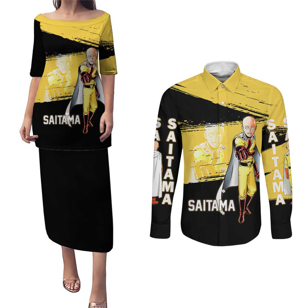 Saitama One Punch Man Anime Yellow and Black Theme Couples Matching Puletasi and Long Sleeve Button Shirt with Heroic Pose and Dynamic Brushstroke Background - The Mazicc