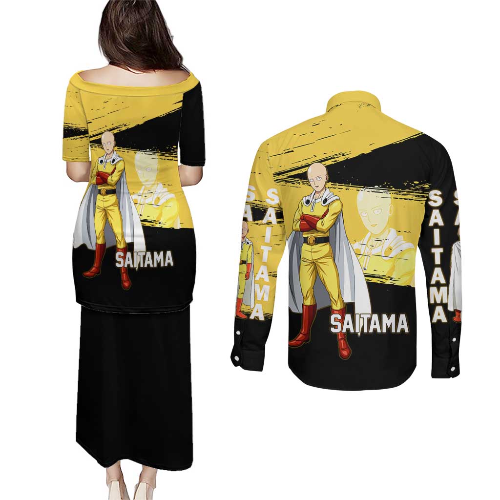 Saitama One Punch Man Anime Yellow and Black Theme Couples Matching Puletasi and Long Sleeve Button Shirt with Heroic Pose and Dynamic Brushstroke Background - The Mazicc