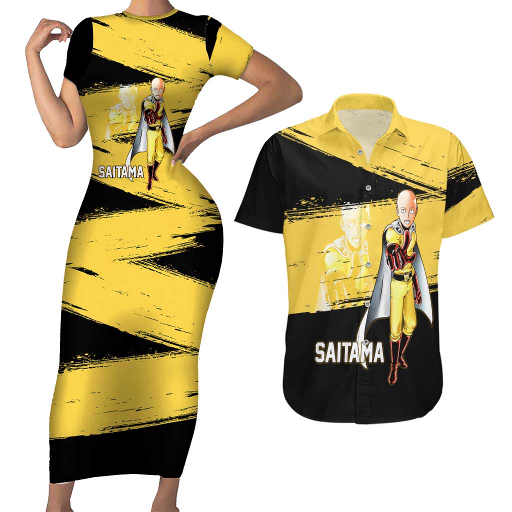 Saitama One Punch Man Anime Yellow and Black Theme Couples Matching Short Sleeve Bodycon Dress and Hawaiian Shirt with Heroic Pose and Dynamic Brushstroke Background - The Mazicc