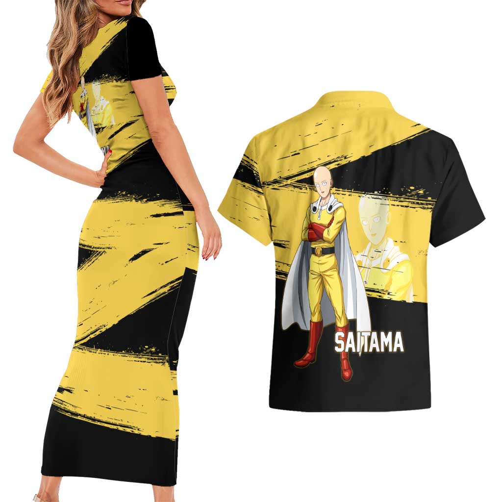 Saitama One Punch Man Anime Yellow and Black Theme Couples Matching Short Sleeve Bodycon Dress and Hawaiian Shirt with Heroic Pose and Dynamic Brushstroke Background - The Mazicc