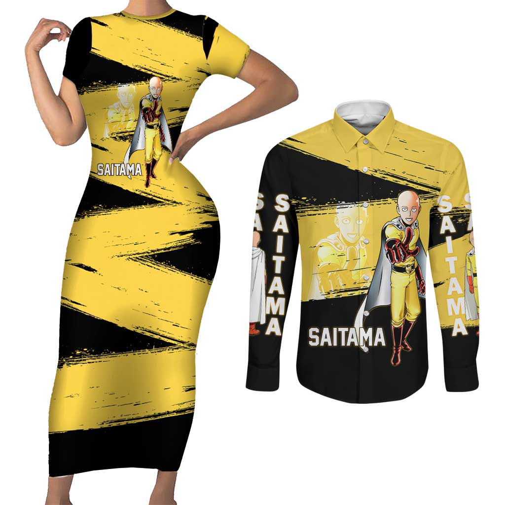 Saitama One Punch Man Anime Yellow and Black Theme Couples Matching Short Sleeve Bodycon Dress and Long Sleeve Button Shirt with Heroic Pose and Dynamic Brushstroke Background - The Mazicc