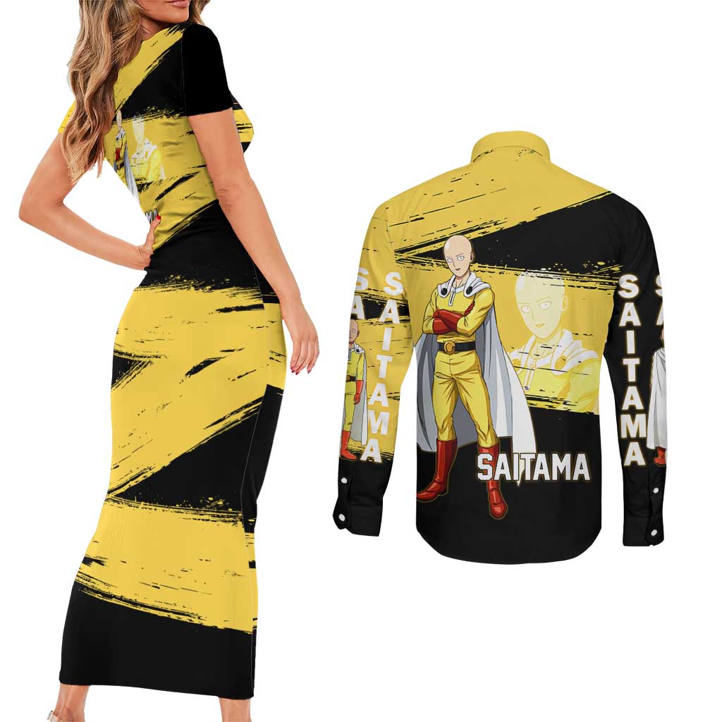Saitama One Punch Man Anime Yellow and Black Theme Couples Matching Short Sleeve Bodycon Dress and Long Sleeve Button Shirt with Heroic Pose and Dynamic Brushstroke Background - The Mazicc