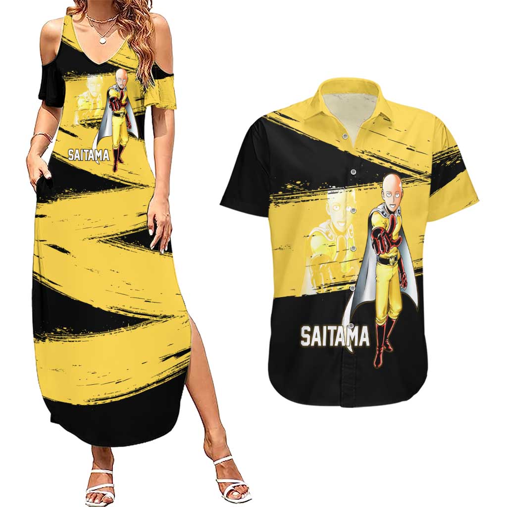 Saitama One Punch Man Anime Yellow and Black Theme Couples Matching Summer Maxi Dress and Hawaiian Shirt with Heroic Pose and Dynamic Brushstroke Background - The Mazicc