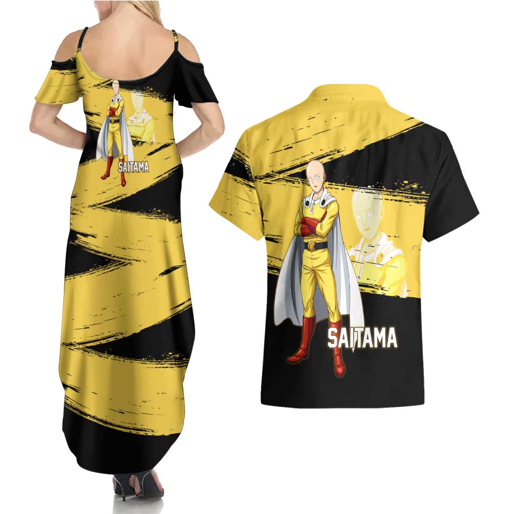 Saitama One Punch Man Anime Yellow and Black Theme Couples Matching Summer Maxi Dress and Hawaiian Shirt with Heroic Pose and Dynamic Brushstroke Background - The Mazicc