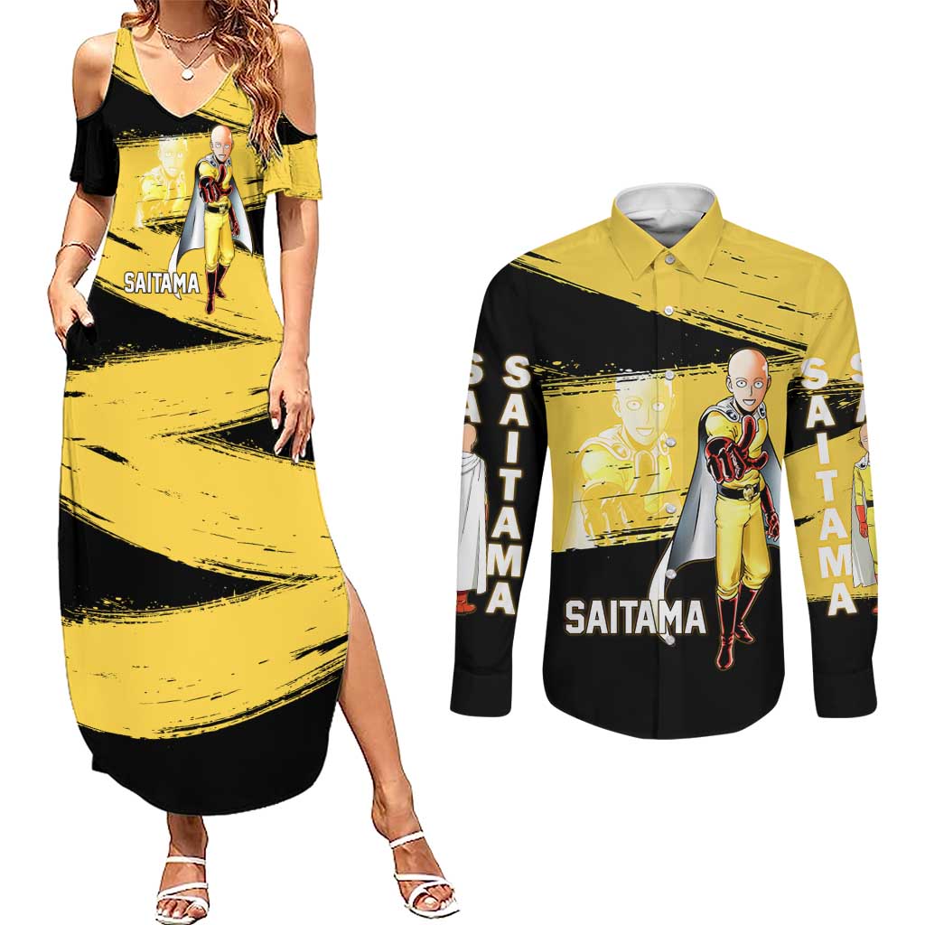 Saitama One Punch Man Anime Yellow and Black Theme Couples Matching Summer Maxi Dress and Long Sleeve Button Shirt with Heroic Pose and Dynamic Brushstroke Background - The Mazicc