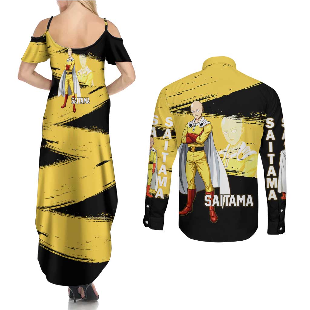 Saitama One Punch Man Anime Yellow and Black Theme Couples Matching Summer Maxi Dress and Long Sleeve Button Shirt with Heroic Pose and Dynamic Brushstroke Background - The Mazicc