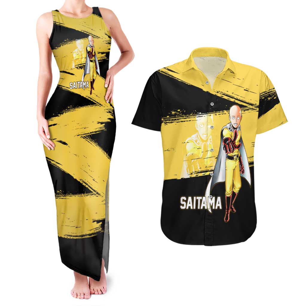 Saitama One Punch Man Anime Yellow and Black Theme Couples Matching Tank Maxi Dress and Hawaiian Shirt with Heroic Pose and Dynamic Brushstroke Background - The Mazicc