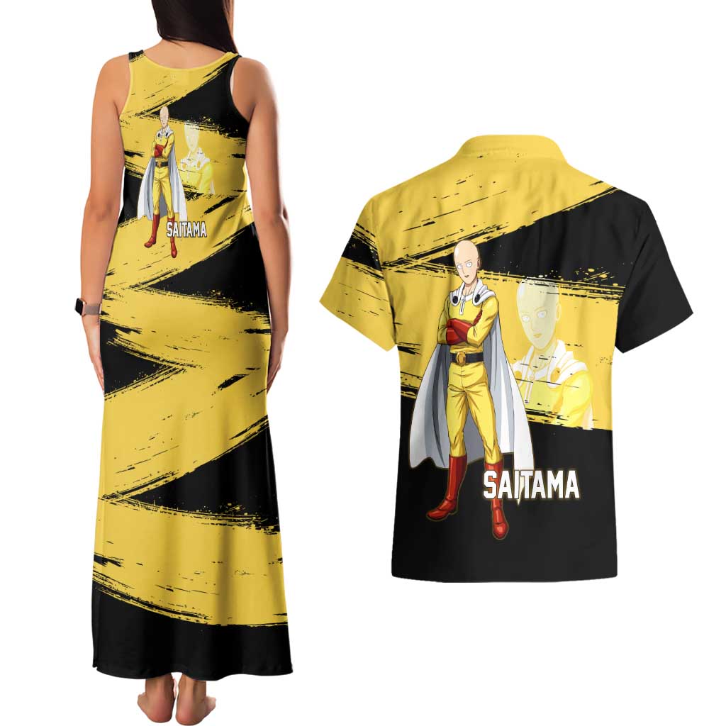Saitama One Punch Man Anime Yellow and Black Theme Couples Matching Tank Maxi Dress and Hawaiian Shirt with Heroic Pose and Dynamic Brushstroke Background - The Mazicc