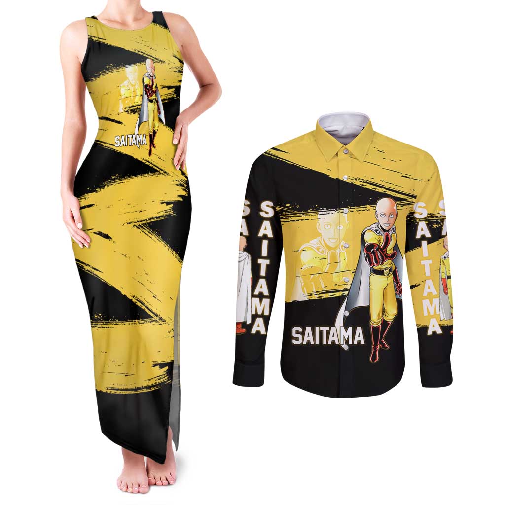 Saitama One Punch Man Anime Yellow and Black Theme Couples Matching Tank Maxi Dress and Long Sleeve Button Shirt with Heroic Pose and Dynamic Brushstroke Background - The Mazicc