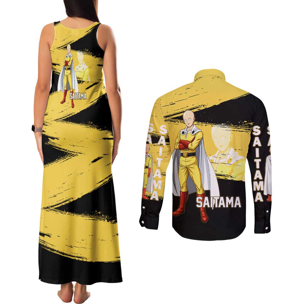 Saitama One Punch Man Anime Yellow and Black Theme Couples Matching Tank Maxi Dress and Long Sleeve Button Shirt with Heroic Pose and Dynamic Brushstroke Background - The Mazicc