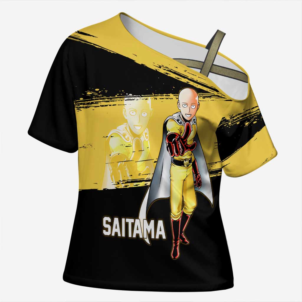 Saitama One Punch Man Anime Yellow and Black Theme Cross Shoulder Shirt with Heroic Pose and Dynamic Brushstroke Background - The Mazicc