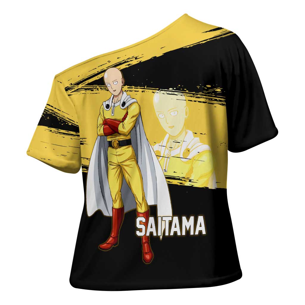 Saitama One Punch Man Anime Yellow and Black Theme Cross Shoulder Shirt with Heroic Pose and Dynamic Brushstroke Background - The Mazicc