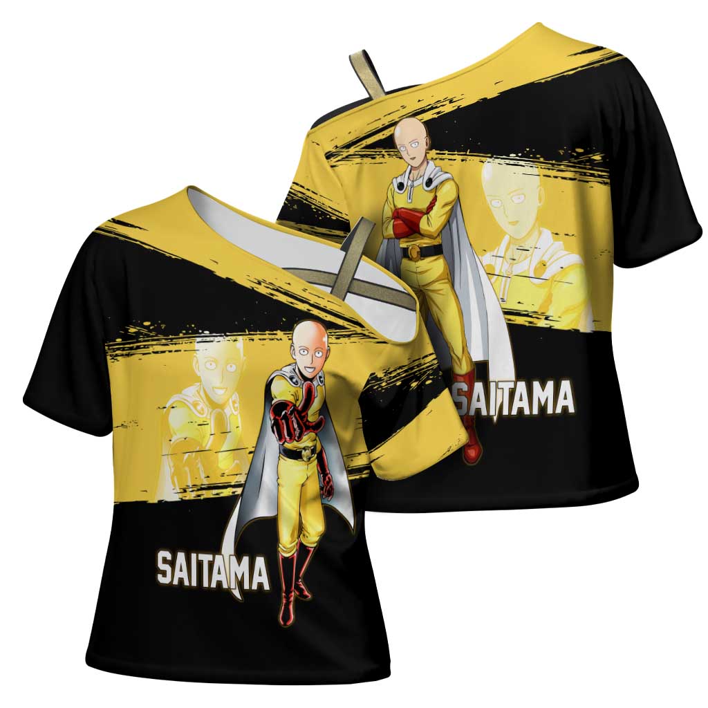 Saitama One Punch Man Anime Yellow and Black Theme Cross Shoulder Shirt with Heroic Pose and Dynamic Brushstroke Background - The Mazicc