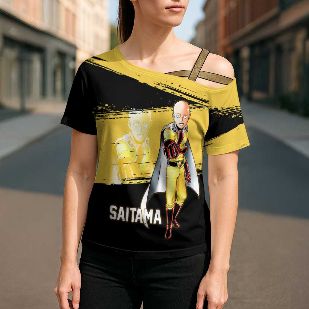 Saitama One Punch Man Anime Yellow and Black Theme Cross Shoulder Shirt with Heroic Pose and Dynamic Brushstroke Background - The Mazicc