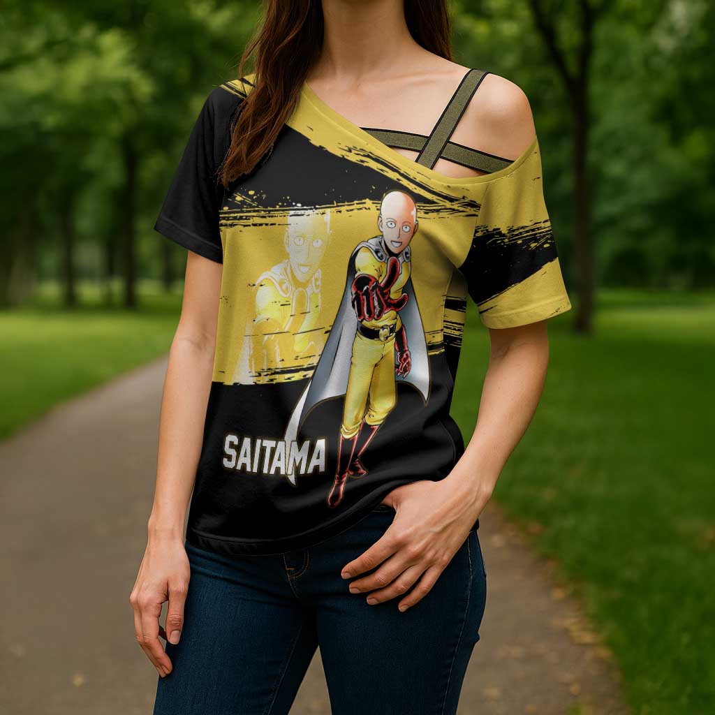 Saitama One Punch Man Anime Yellow and Black Theme Cross Shoulder Shirt with Heroic Pose and Dynamic Brushstroke Background - The Mazicc