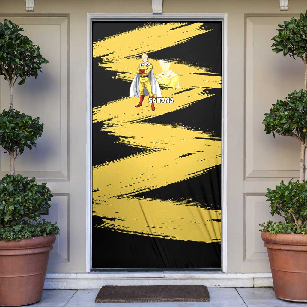 Saitama One Punch Man Anime Yellow and Black Theme Door Cover with Heroic Pose and Dynamic Brushstroke Background - The Mazicc