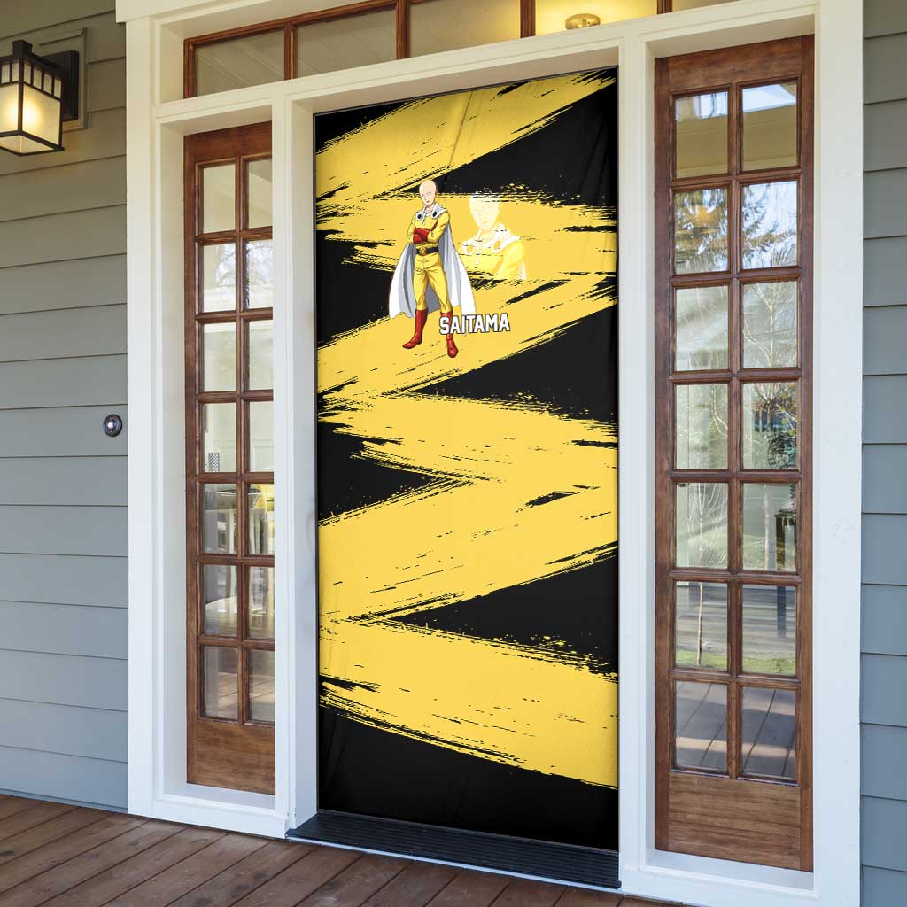 Saitama One Punch Man Anime Yellow and Black Theme Door Cover with Heroic Pose and Dynamic Brushstroke Background - The Mazicc
