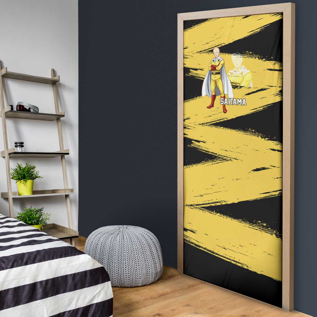 Saitama One Punch Man Anime Yellow and Black Theme Door Cover with Heroic Pose and Dynamic Brushstroke Background - The Mazicc