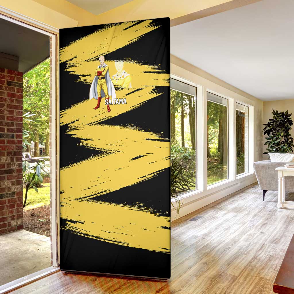Saitama One Punch Man Anime Yellow and Black Theme Door Cover with Heroic Pose and Dynamic Brushstroke Background - The Mazicc