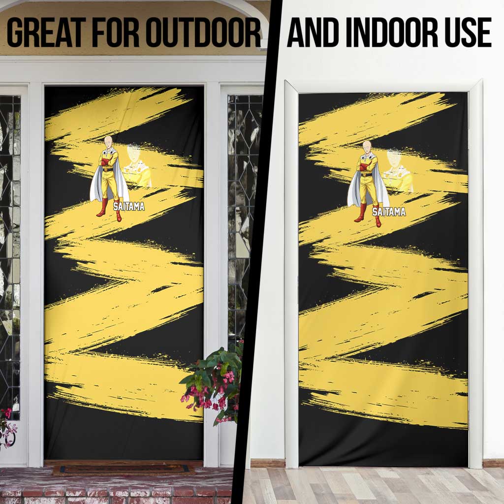 Saitama One Punch Man Anime Yellow and Black Theme Door Cover with Heroic Pose and Dynamic Brushstroke Background - The Mazicc