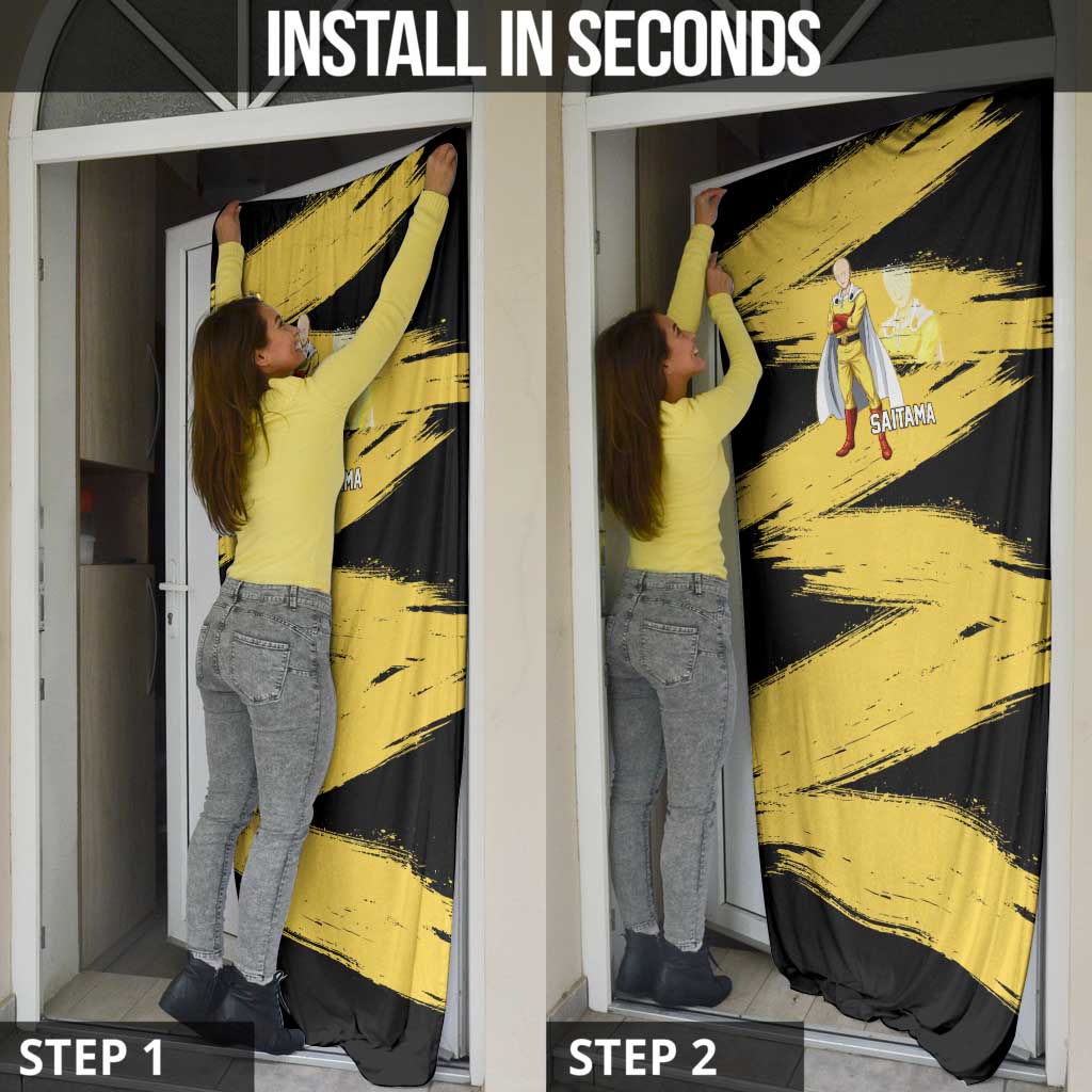 Saitama One Punch Man Anime Yellow and Black Theme Door Cover with Heroic Pose and Dynamic Brushstroke Background - The Mazicc