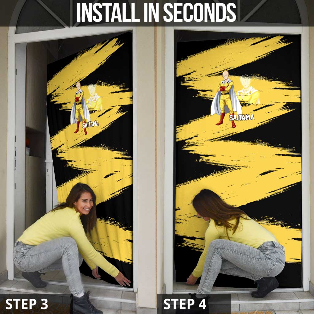 Saitama One Punch Man Anime Yellow and Black Theme Door Cover with Heroic Pose and Dynamic Brushstroke Background - The Mazicc