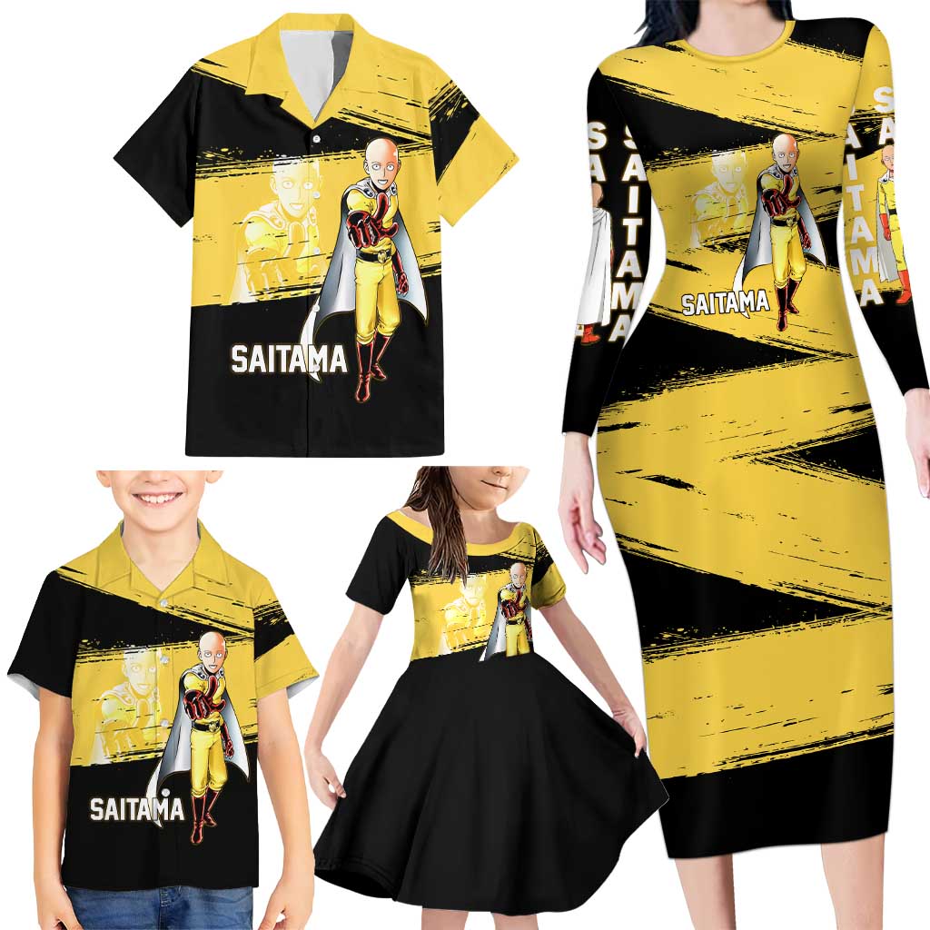 Saitama One Punch Man Anime Yellow and Black Theme Family Matching Long Sleeve Bodycon Dress and Hawaiian Shirt with Heroic Pose and Dynamic Brushstroke Background
