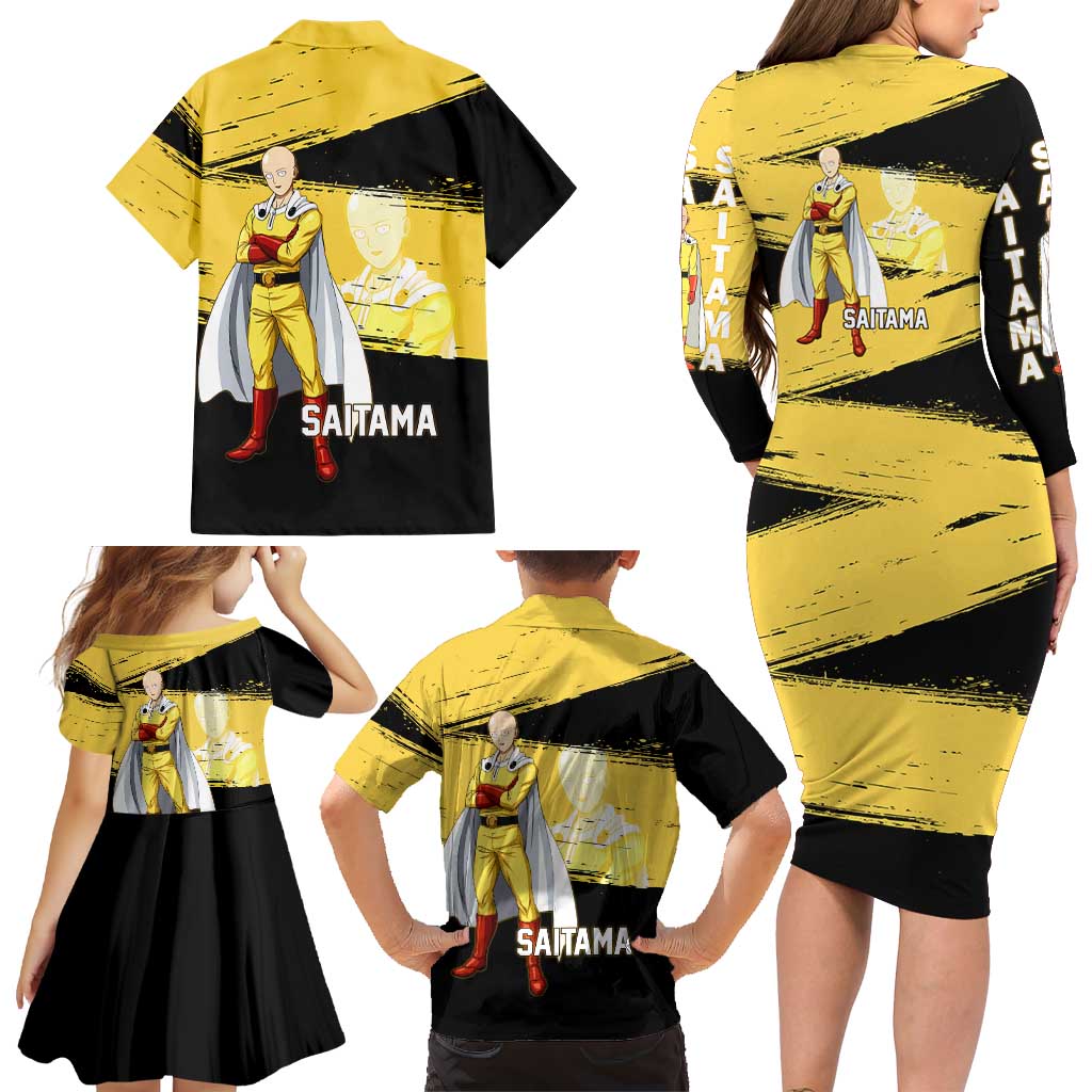 Saitama One Punch Man Anime Yellow and Black Theme Family Matching Long Sleeve Bodycon Dress and Hawaiian Shirt with Heroic Pose and Dynamic Brushstroke Background