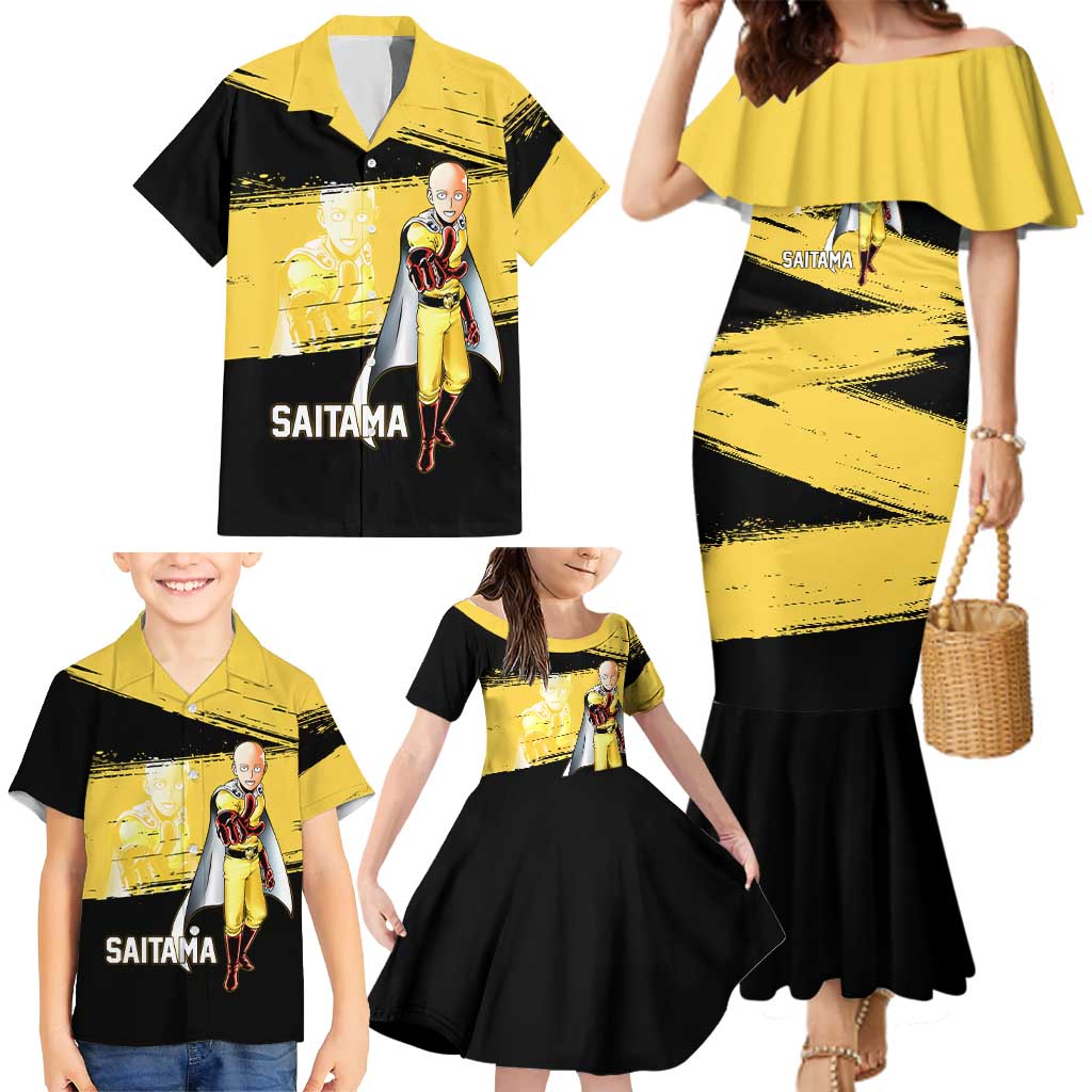 Saitama One Punch Man Anime Yellow and Black Theme Family Matching Mermaid Dress and Hawaiian Shirt with Heroic Pose and Dynamic Brushstroke Background