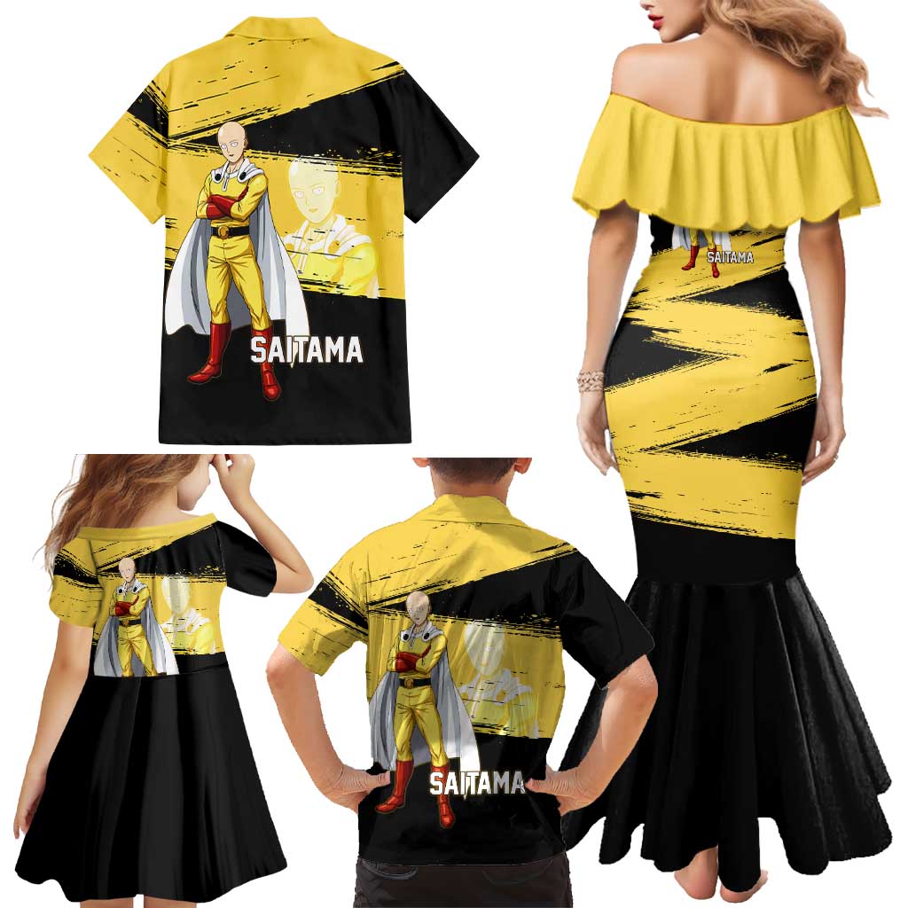 Saitama One Punch Man Anime Yellow and Black Theme Family Matching Mermaid Dress and Hawaiian Shirt with Heroic Pose and Dynamic Brushstroke Background
