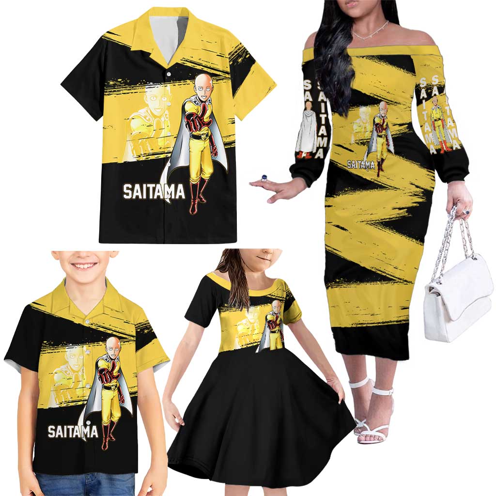 Saitama One Punch Man Anime Yellow and Black Theme Family Matching Off The Shoulder Long Sleeve Dress and Hawaiian Shirt with Heroic Pose and Dynamic Brushstroke Background
