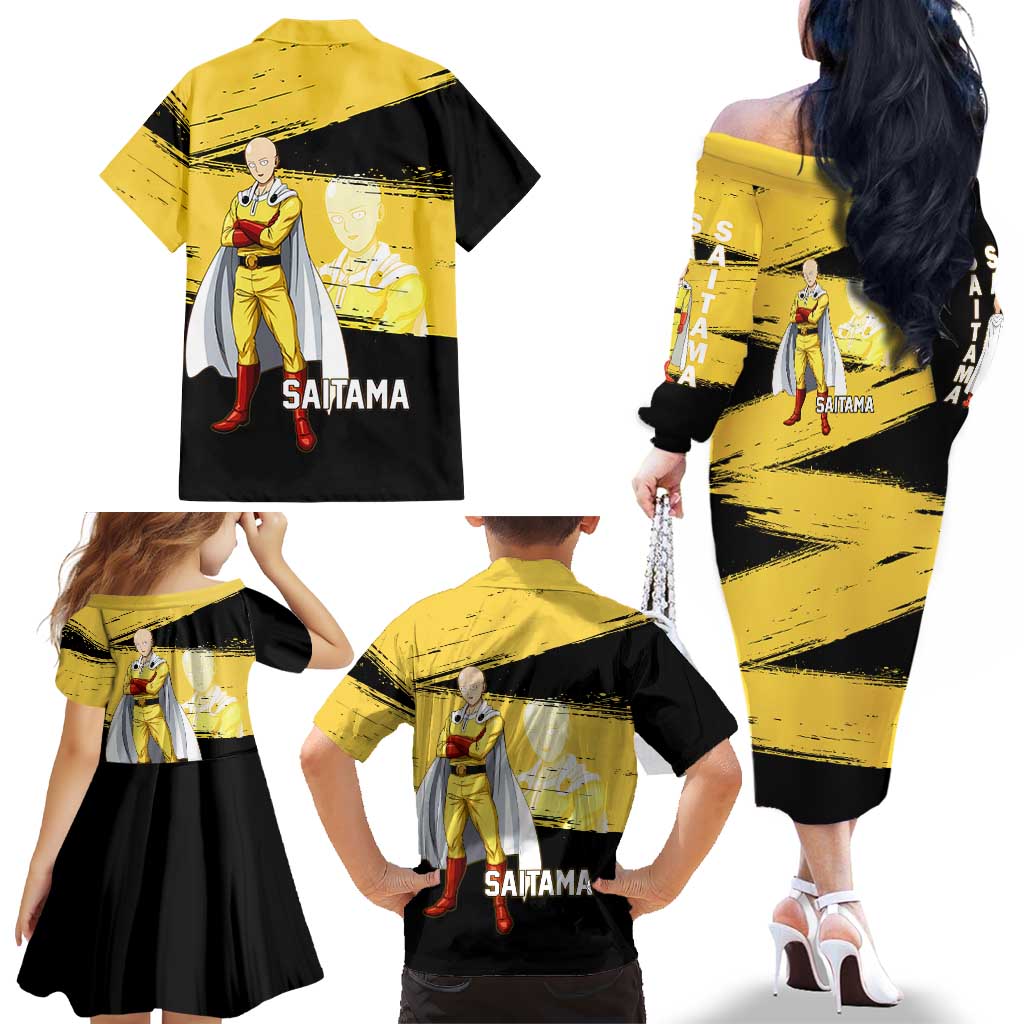 Saitama One Punch Man Anime Yellow and Black Theme Family Matching Off The Shoulder Long Sleeve Dress and Hawaiian Shirt with Heroic Pose and Dynamic Brushstroke Background