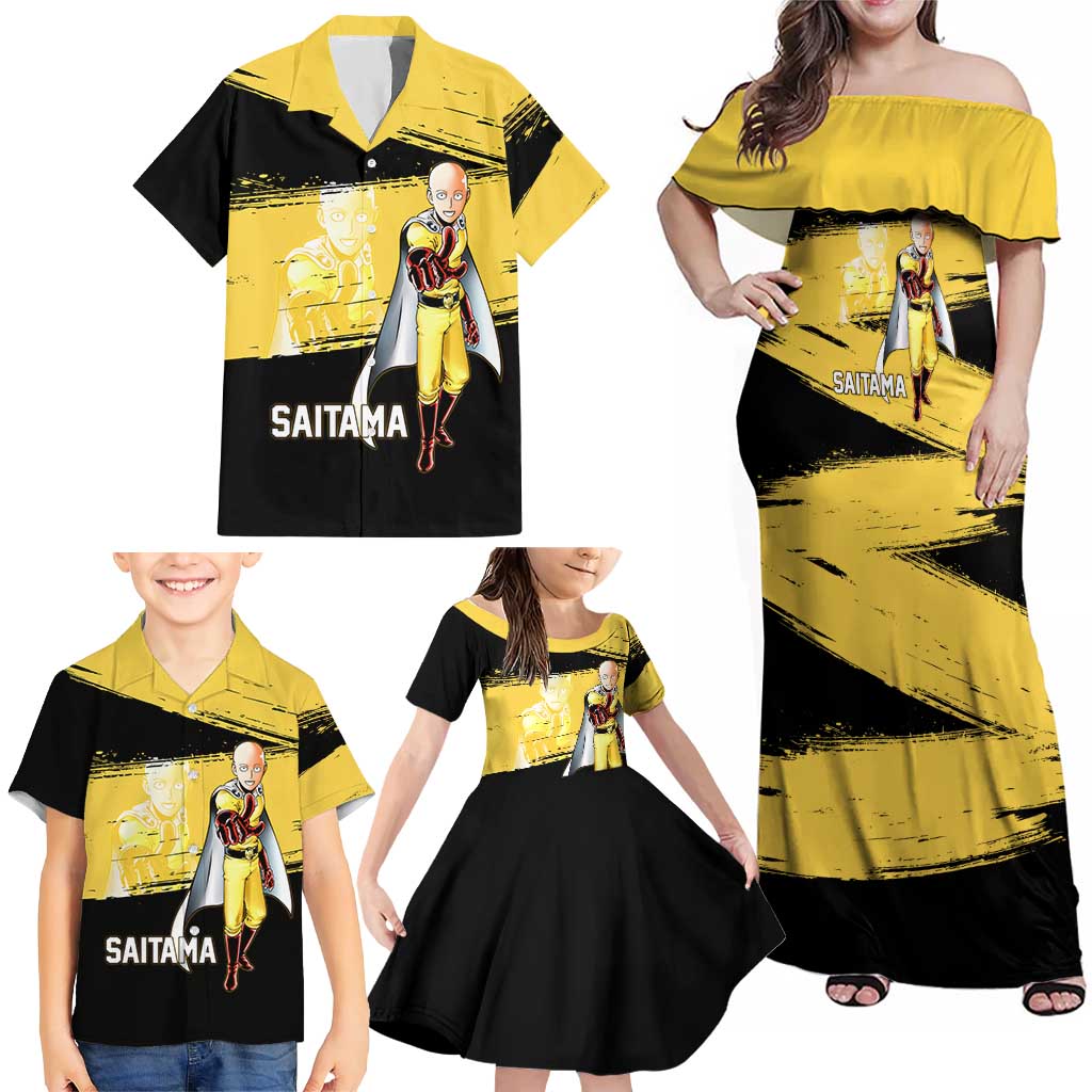 Saitama One Punch Man Anime Yellow and Black Theme Family Matching Off Shoulder Maxi Dress and Hawaiian Shirt with Heroic Pose and Dynamic Brushstroke Background