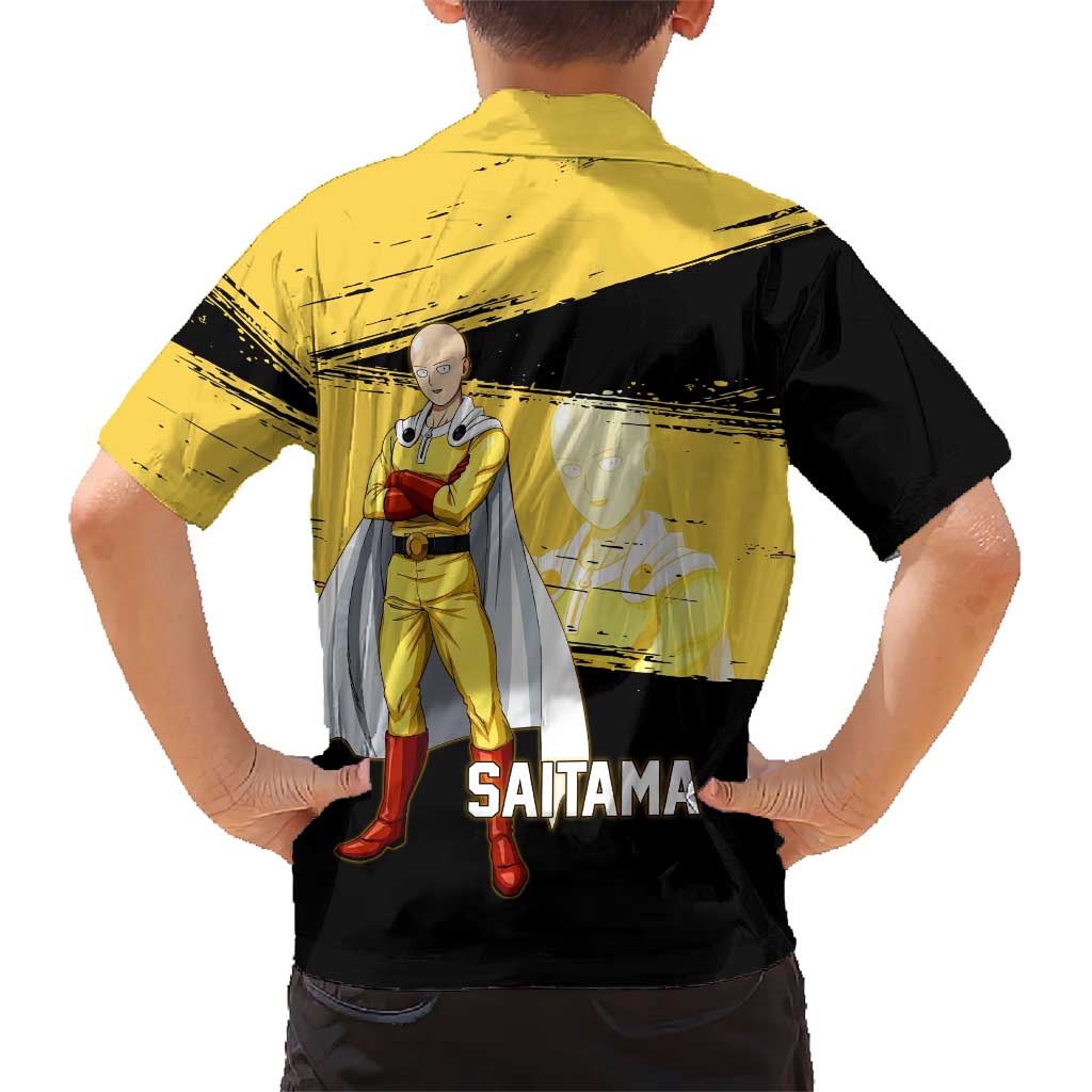 Saitama One Punch Man Anime Yellow and Black Theme Family Matching Off Shoulder Maxi Dress and Hawaiian Shirt with Heroic Pose and Dynamic Brushstroke Background