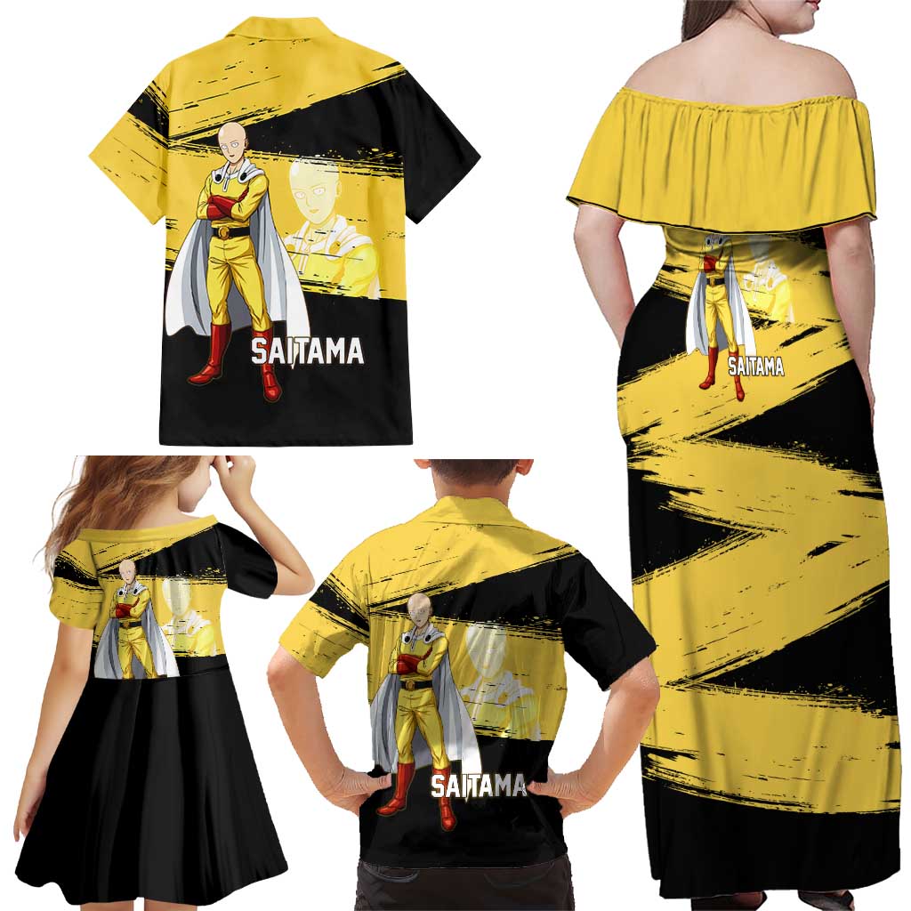 Saitama One Punch Man Anime Yellow and Black Theme Family Matching Off Shoulder Maxi Dress and Hawaiian Shirt with Heroic Pose and Dynamic Brushstroke Background
