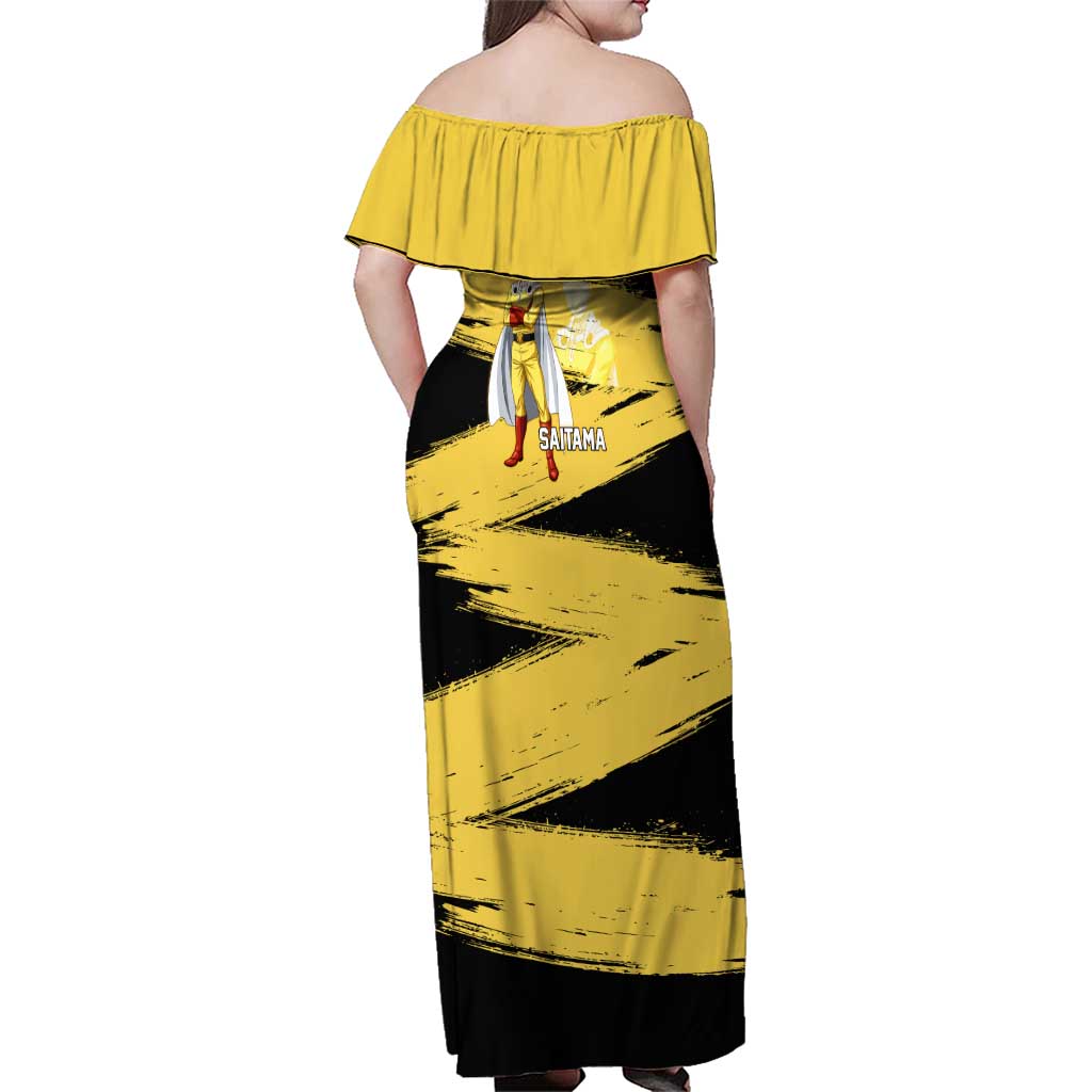 Saitama One Punch Man Anime Yellow and Black Theme Family Matching Off Shoulder Maxi Dress and Hawaiian Shirt with Heroic Pose and Dynamic Brushstroke Background