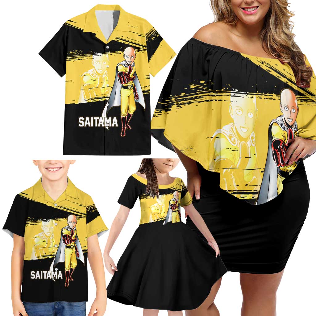 Saitama One Punch Man Anime Yellow and Black Theme Family Matching Off Shoulder Short Dress and Hawaiian Shirt with Heroic Pose and Dynamic Brushstroke Background