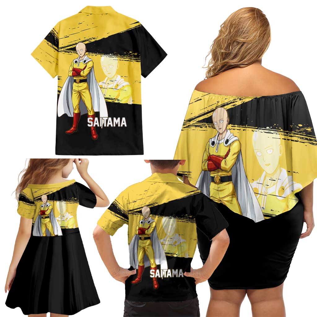 Saitama One Punch Man Anime Yellow and Black Theme Family Matching Off Shoulder Short Dress and Hawaiian Shirt with Heroic Pose and Dynamic Brushstroke Background