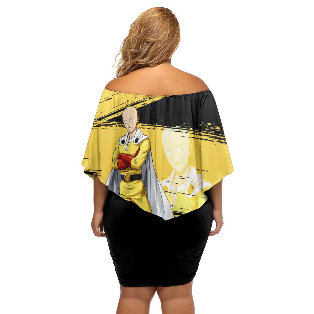 Saitama One Punch Man Anime Yellow and Black Theme Family Matching Off Shoulder Short Dress and Hawaiian Shirt with Heroic Pose and Dynamic Brushstroke Background